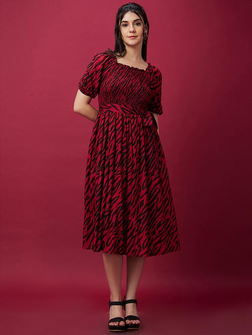 globus women black animal print smocked fit & flare belted midi dress - 20534222 - Very Small Image - 1