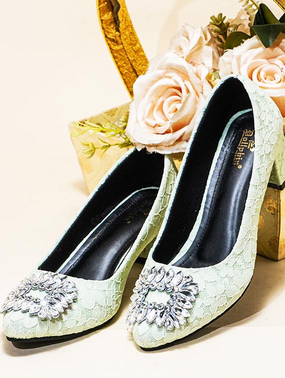 women light green embellished slip on pumps