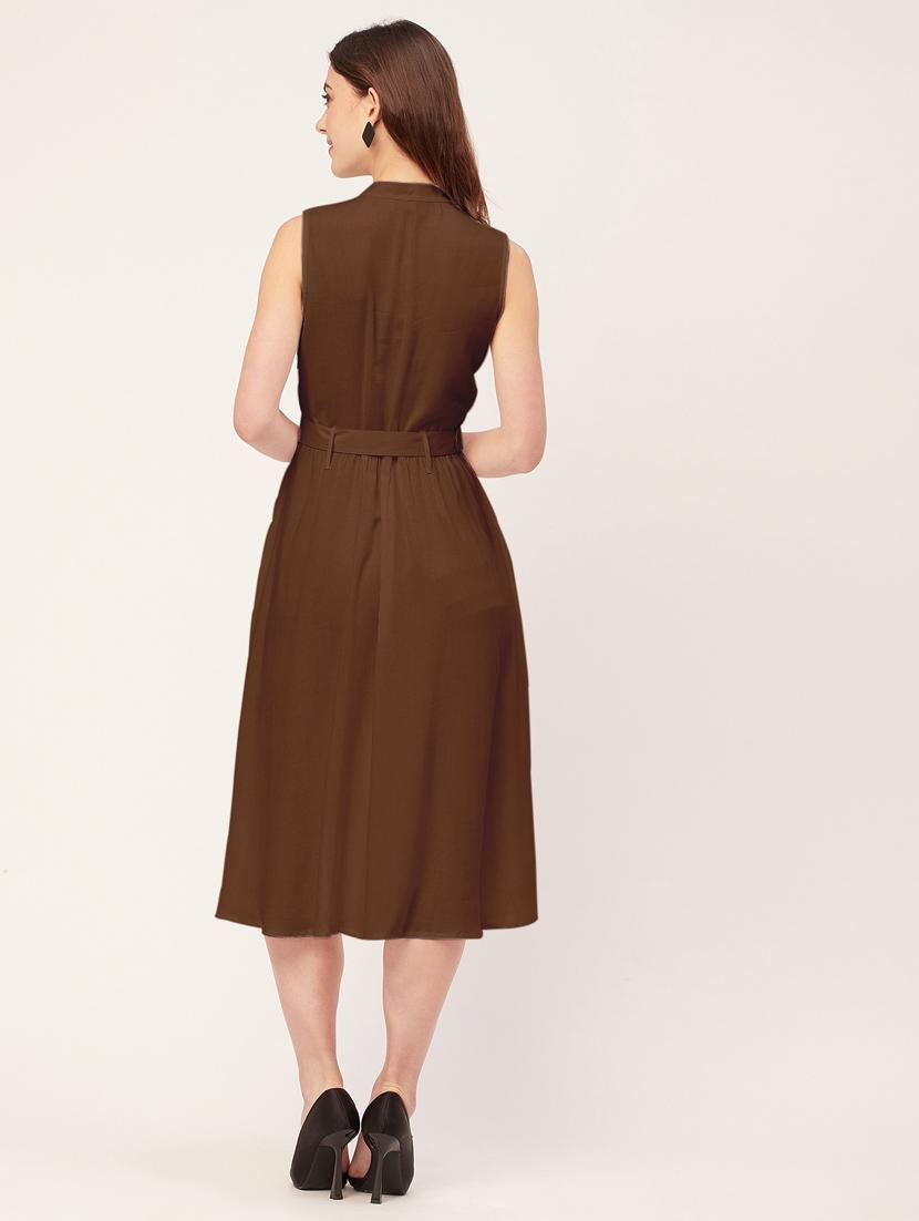 women solid mandarin neck belted dress - 20555414 - Standard Image - 3