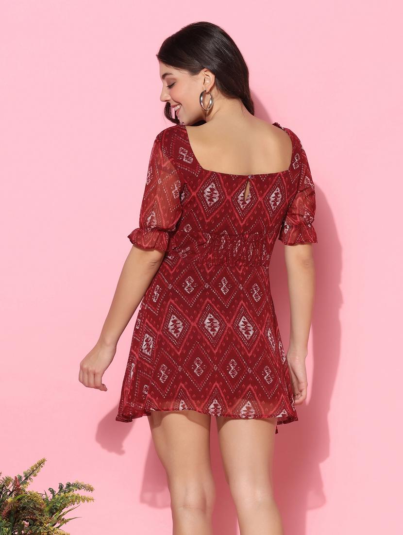 women maroon ethnic motifs printed mini dress - 20560099 - Standard Image - 3