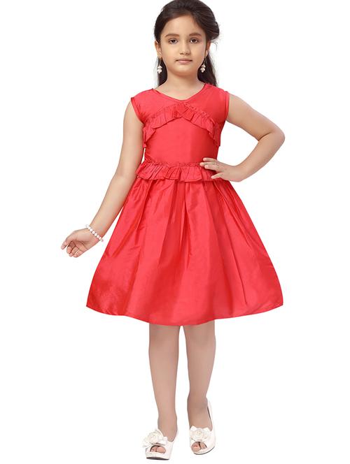 girls red solid v neck frock - 20568340 -  Standard Image - 0