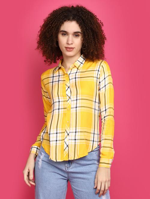 women yellow checks print long sleeves shirts - 20572455 - Very Small Image - 1
