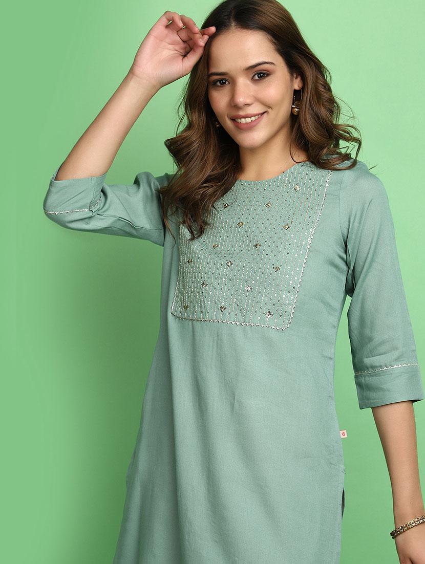 women green round neck straight kurta - 20590203 - Standard Image - 4