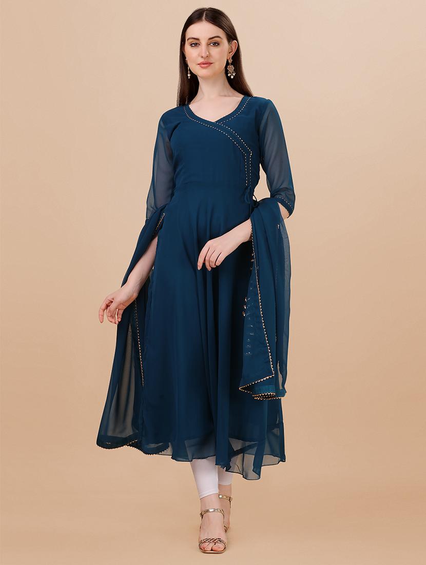 teal blue solid kurta dupatta set