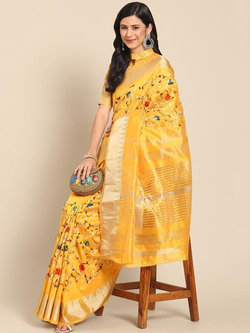 women yellow embroidered saree with blouse - 20604318 -  Standard Image - 0