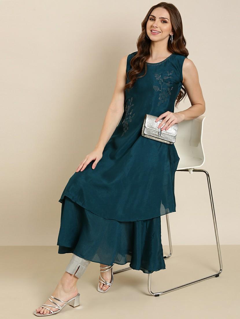 women round neck embellished layered kurta - 20610480 - Standard Image - 3