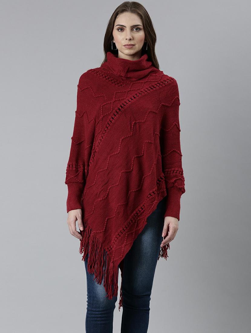 women maroon cowl neck acrylic poncho