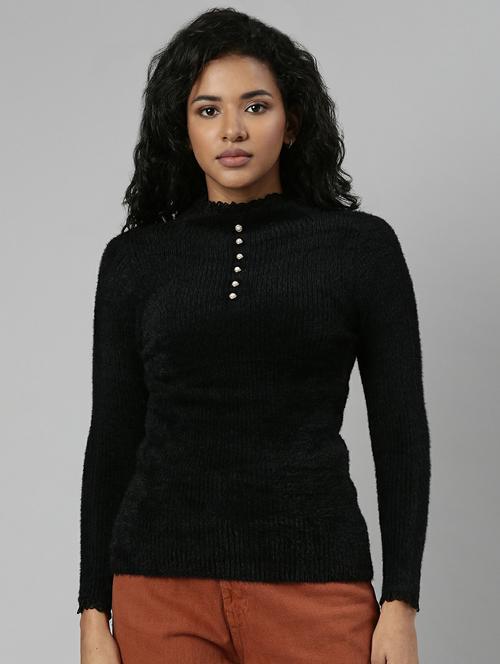 solid black detailed high neck casual top - 20610666 - Very Small Image - 1