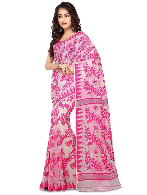 women pink self design jamdani saree with blouse - 20613986 - Very Small Image - 1