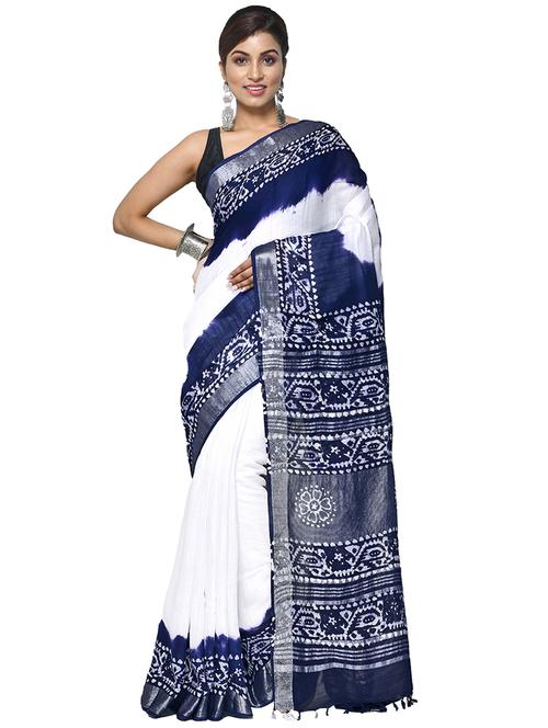 white & navy blue printed handloom saree with blouse - 20614325 - Very Small Image - 1