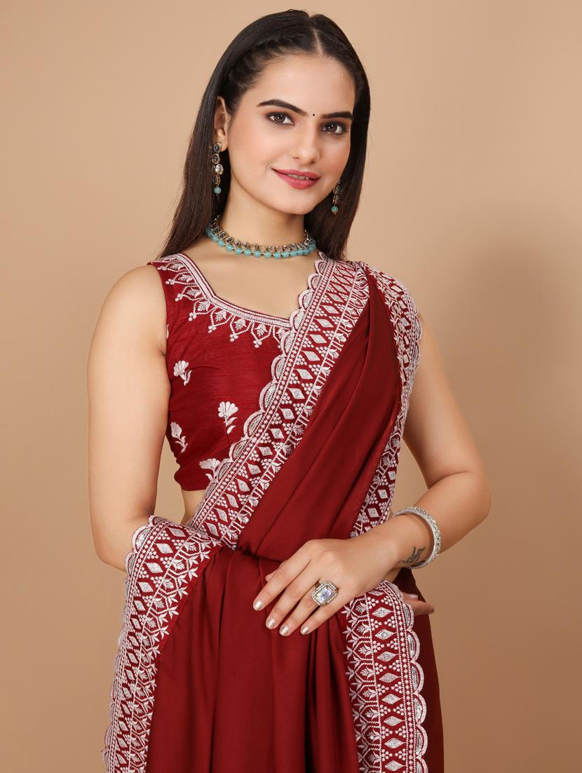 women solid with bordered saree with blouse - 20615779 - Standard Image - 3