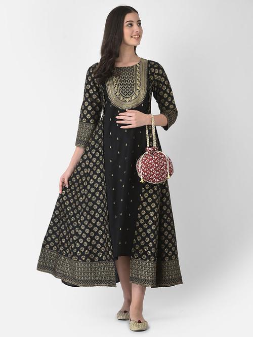 black three quarter sleeve a-line kurta - 20620626 -  Standard Image - 0