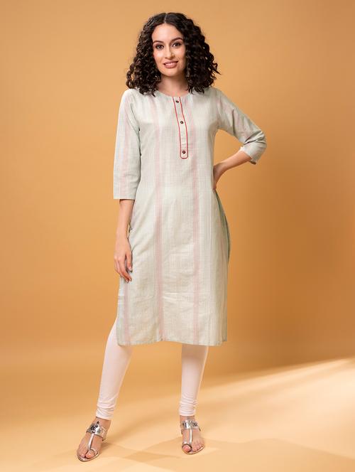 light blue three quarter sleeve straight kurta - 20644056 -  Standard Image - 0