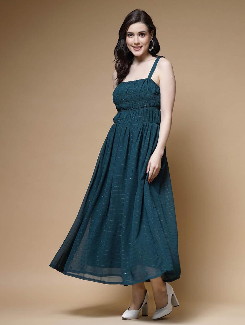 bottle green self design smocked maxi dress - 20644388 - Standard Image - 4
