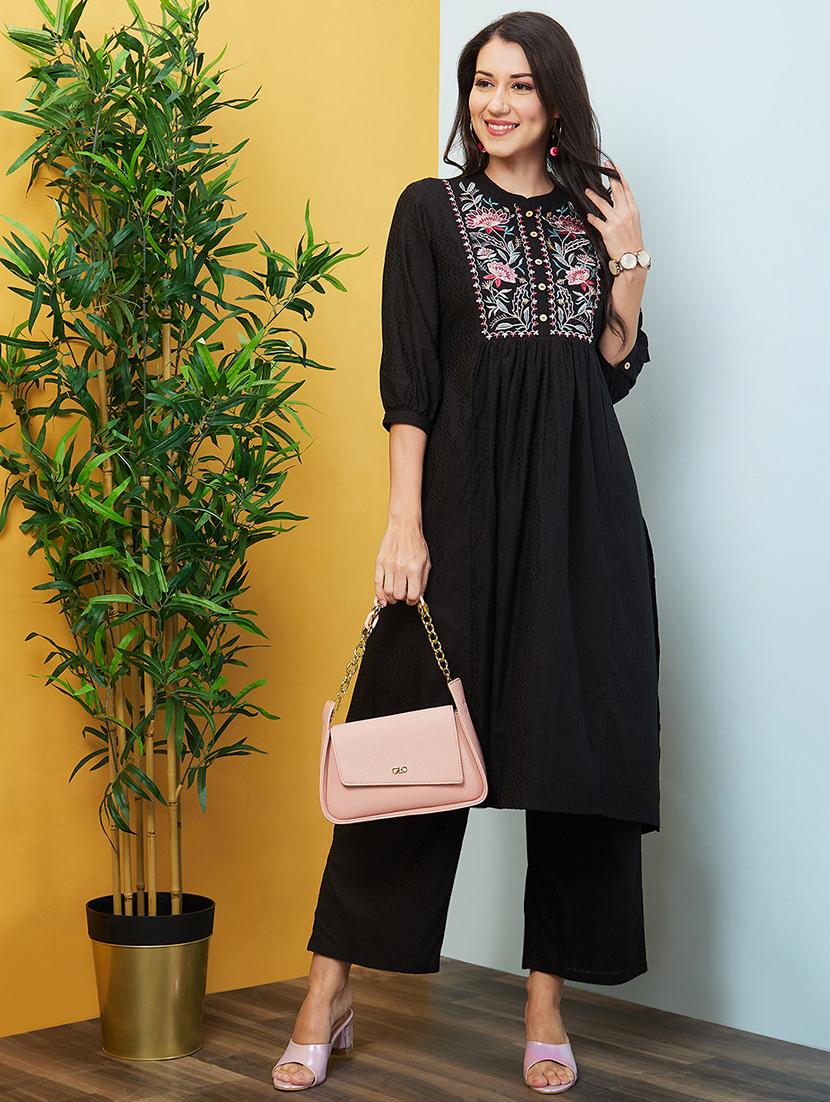 globus women black floral embroidered yoke band collar gathered panelled a-line kurta & trouser set - 20646081 - Zoom Image - 0