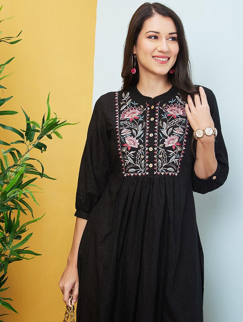 globus women black floral embroidered yoke band collar gathered panelled a-line kurta & trouser set - 20646081 - Standard Image - 3