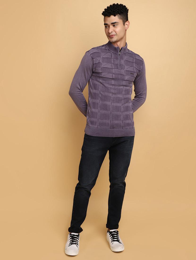 purple self design zip detailed pullover - 20686862 - Zoom Image - 4