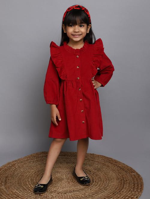 red round neck solids frock - 20687935 - Very Small Image - 1