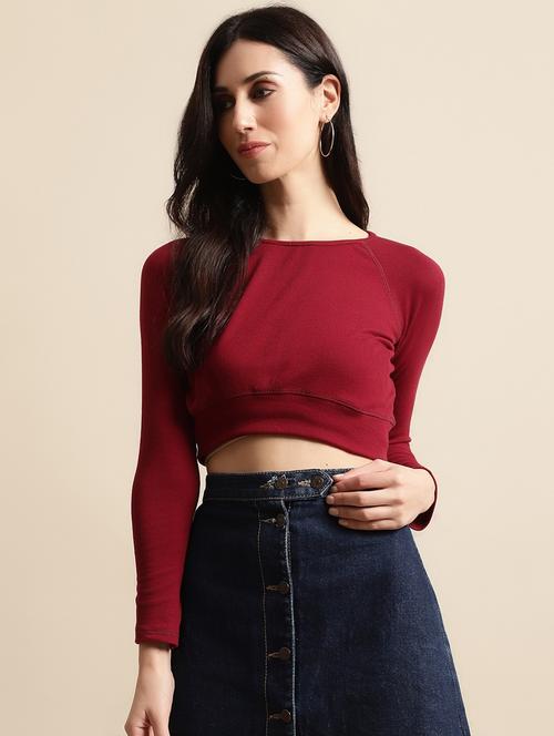 women solid raglan sleeves crop top - 20720093 - Very Small Image - 1