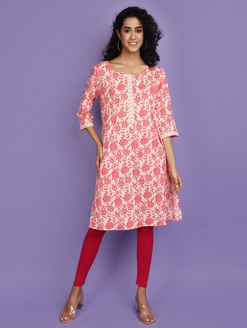 women pink round neck straight kurta