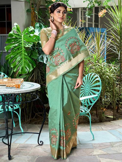 sea green solid with work saree with blouse - 20754464 -  Standard Image - 0