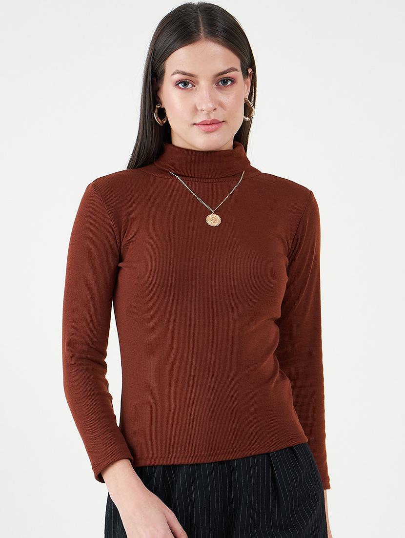 women solid turtle neck long sleeves top