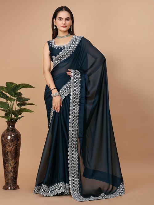 teal silk bordered saree with blouse - 20819353 -  Standard Image - 0