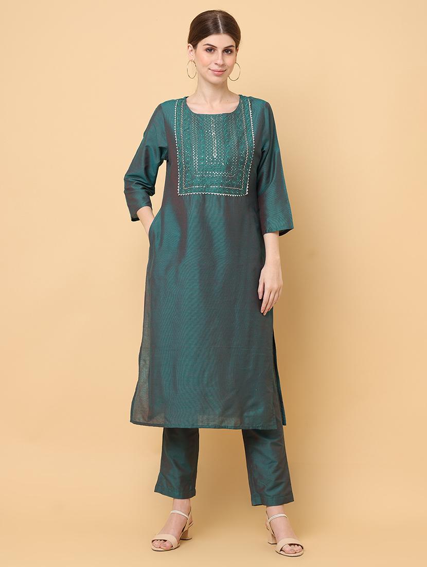 women teal round neck kurta pant set