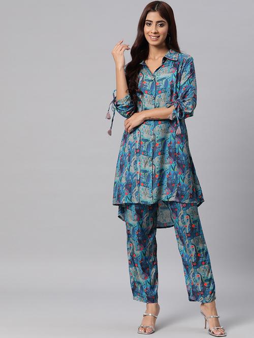 women blue shirt collar co-ord sets - 20829958 - Standard Image - 0
