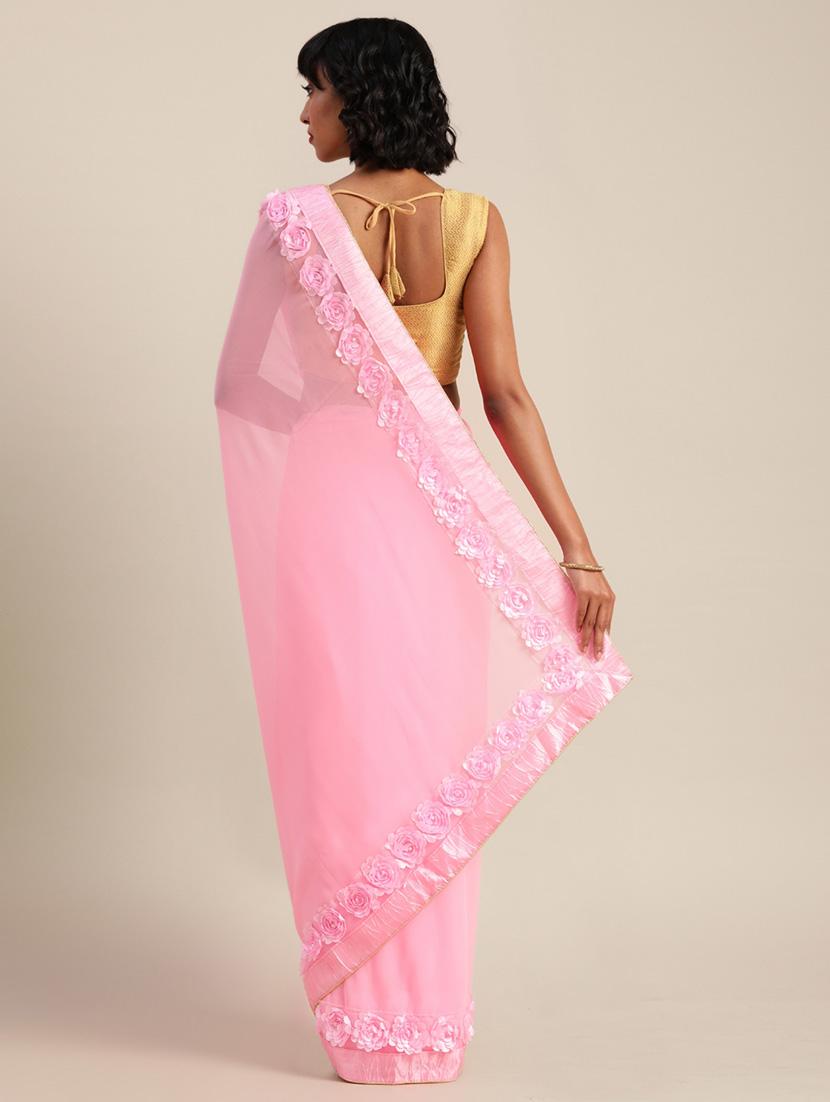 women pink solid lace work saree with blouse - 20830981 - Standard Image - 2