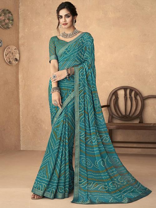 women turquoise bandhani printed saree with blouse - 20846258 - Standard Image - 0