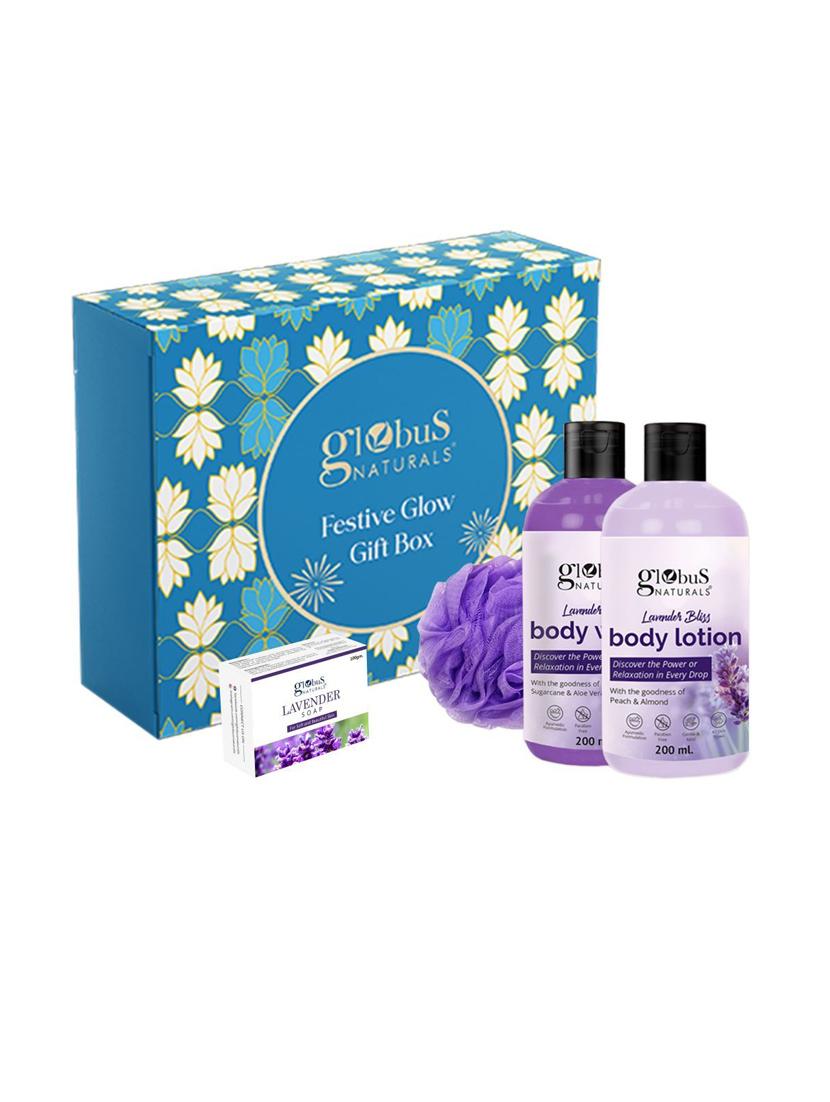 globus naturals lavender love skincare gift box - body lotion 200 ml, soap bar 100 gm & body wash 200 ml with loofa - 20848779 -  Zoom Image - 0