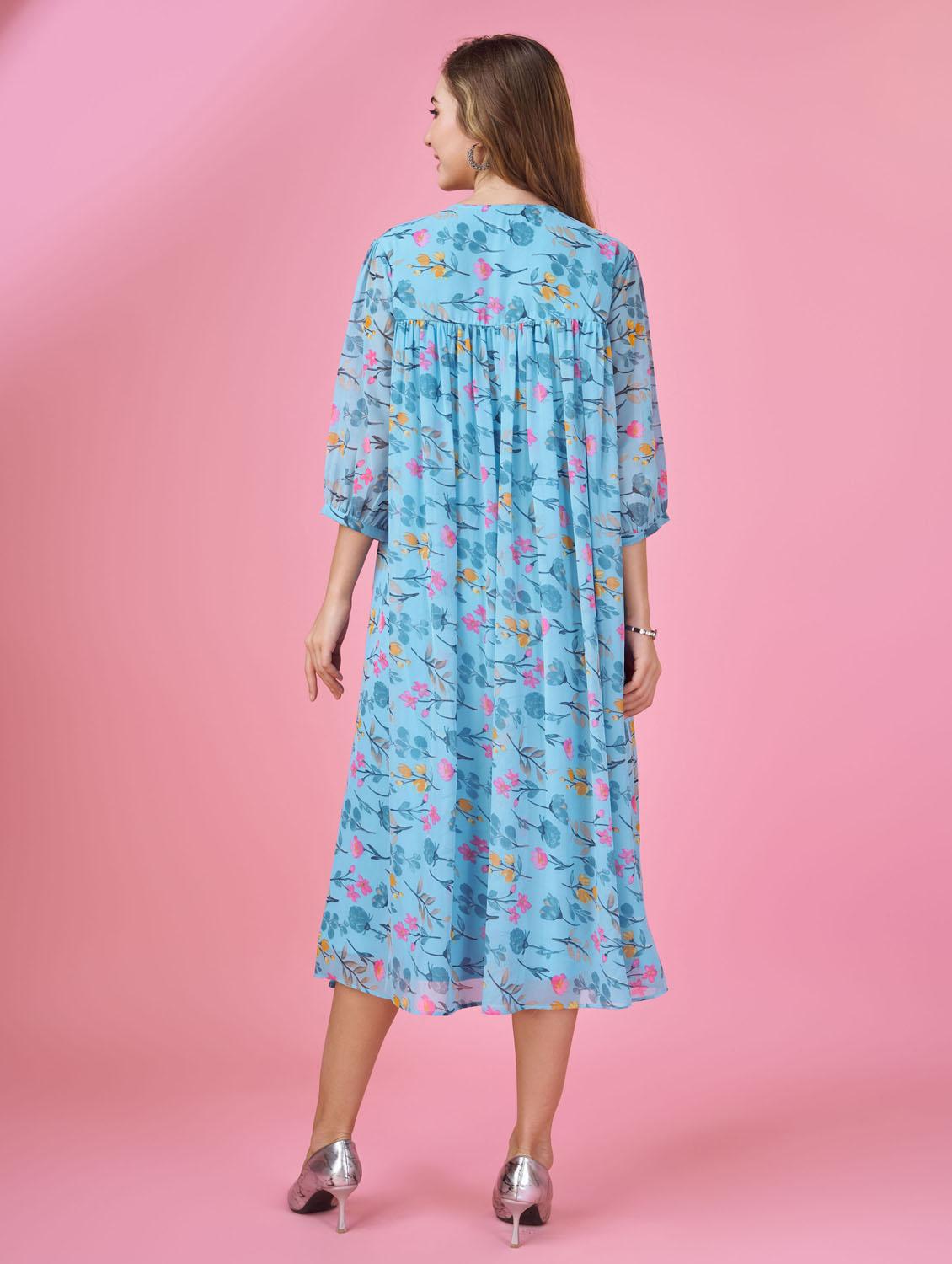 light blue floral printed fit & flare dress - 20864380 - Standard Image - 3