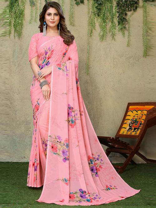 women pink floral printed saree with blouse - 20874232 - Very Small Image - 1