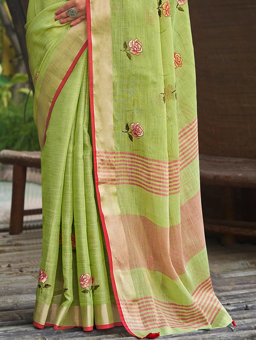 women green embroidered saree with blouse - 20884698 - Standard Image - 3
