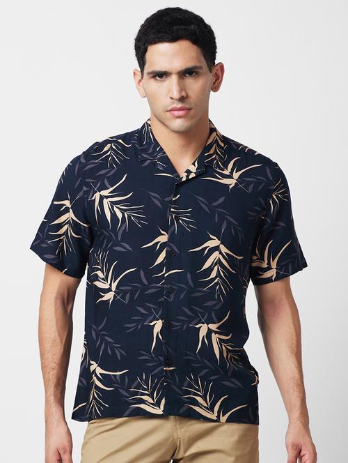 globus men black cuban collar tropical print smart causal shirt - 20885438 - Very Small Image - 1