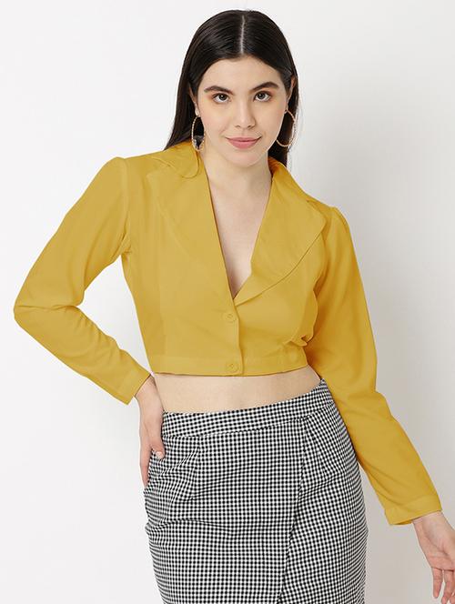 women solid lapel neck crop top - 20893710 - Standard Image - 0