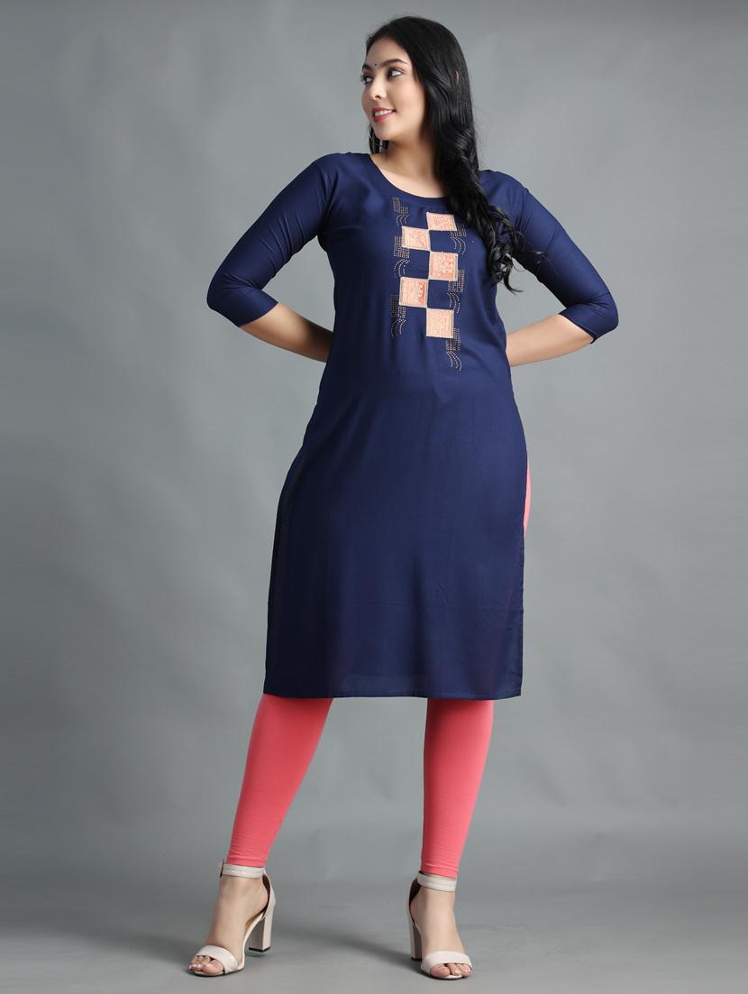 navy blue embroidered rayon straight kurta - 20895093 -  Zoom Image - 0