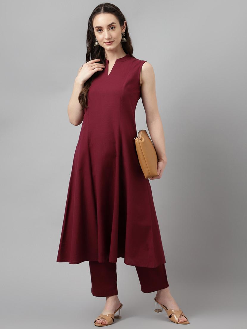 women maroon solid kurta pant set