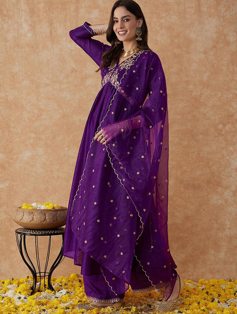 women purple v neck kurta palazzo set with dupatta