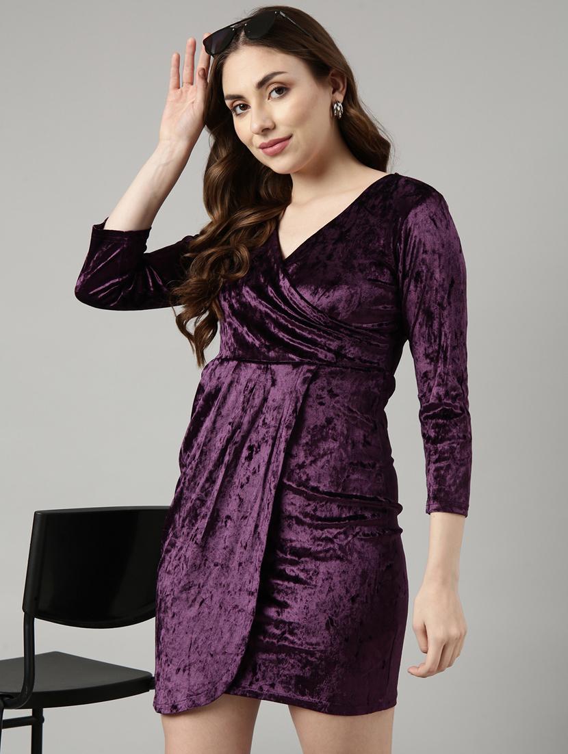 women solid overlap neck wrap dress - 20915793 - Standard Image - 3