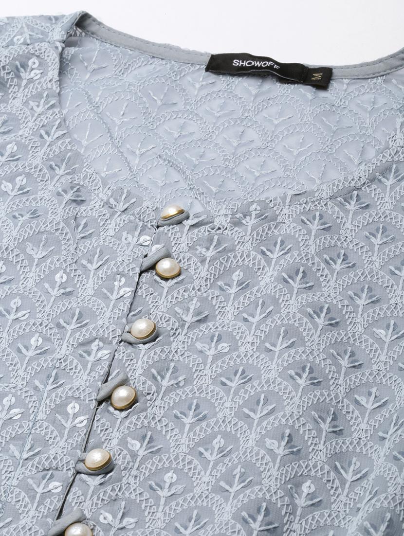women grey round neck a-line kurta with long shrug - 20961038 - Zoom Image - 6