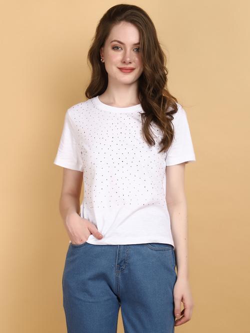 white cotton embellished t-shirt - 20962361 - Very Small Image - 1
