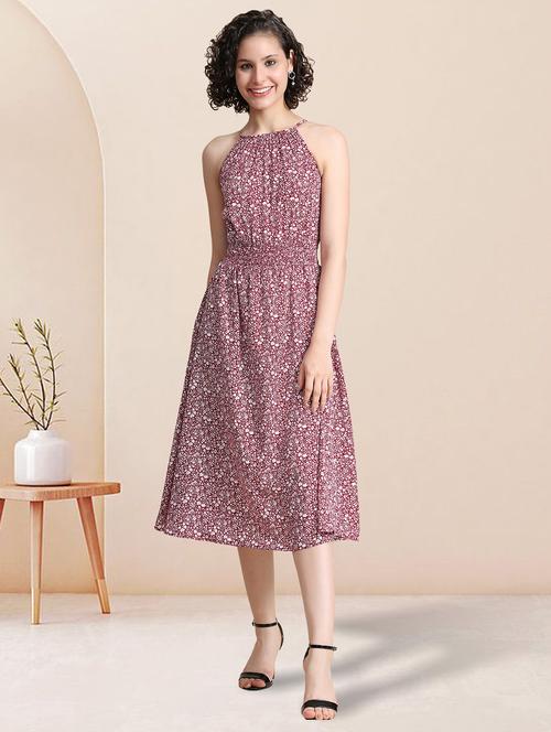 maroon floral printed fit & flare dress - 20969679 - Very Small Image - 1
