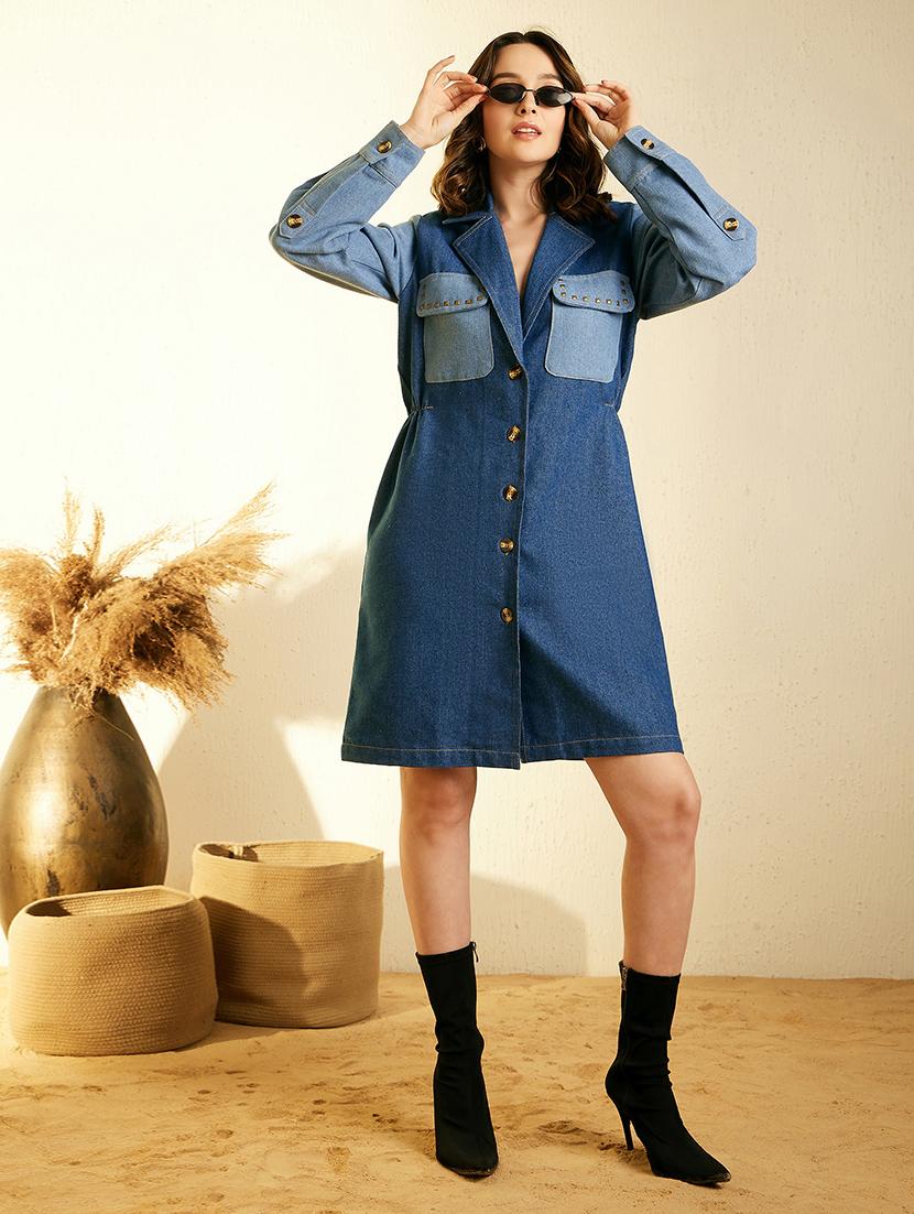 solid navy blue detailed denim shirt dress - 20982714 - Zoom Image - 0