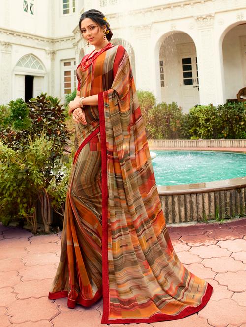 women printed georgette lace work saree with blouse - 20999983 - Standard Image - 0