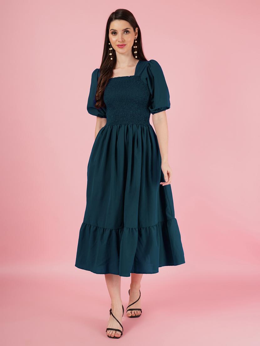 solid bottle green smocked detailed dress - 21001026 -  Zoom Image - 0