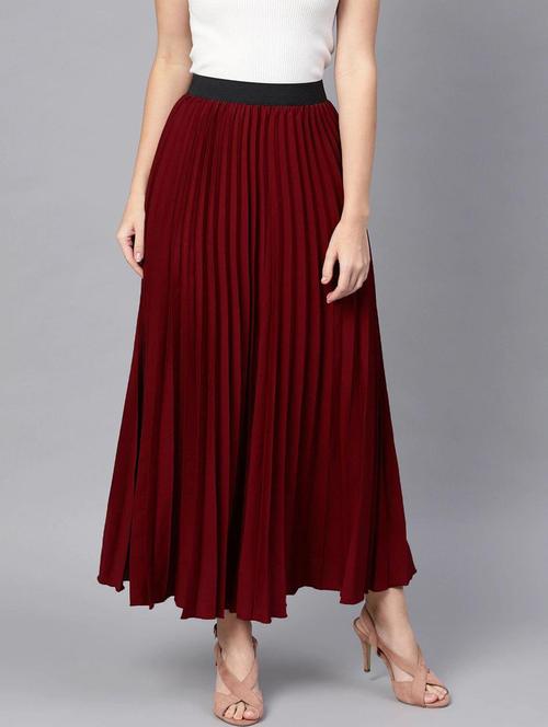 solid maroon pleated detailed skirt - 21008428 -  Standard Image - 0