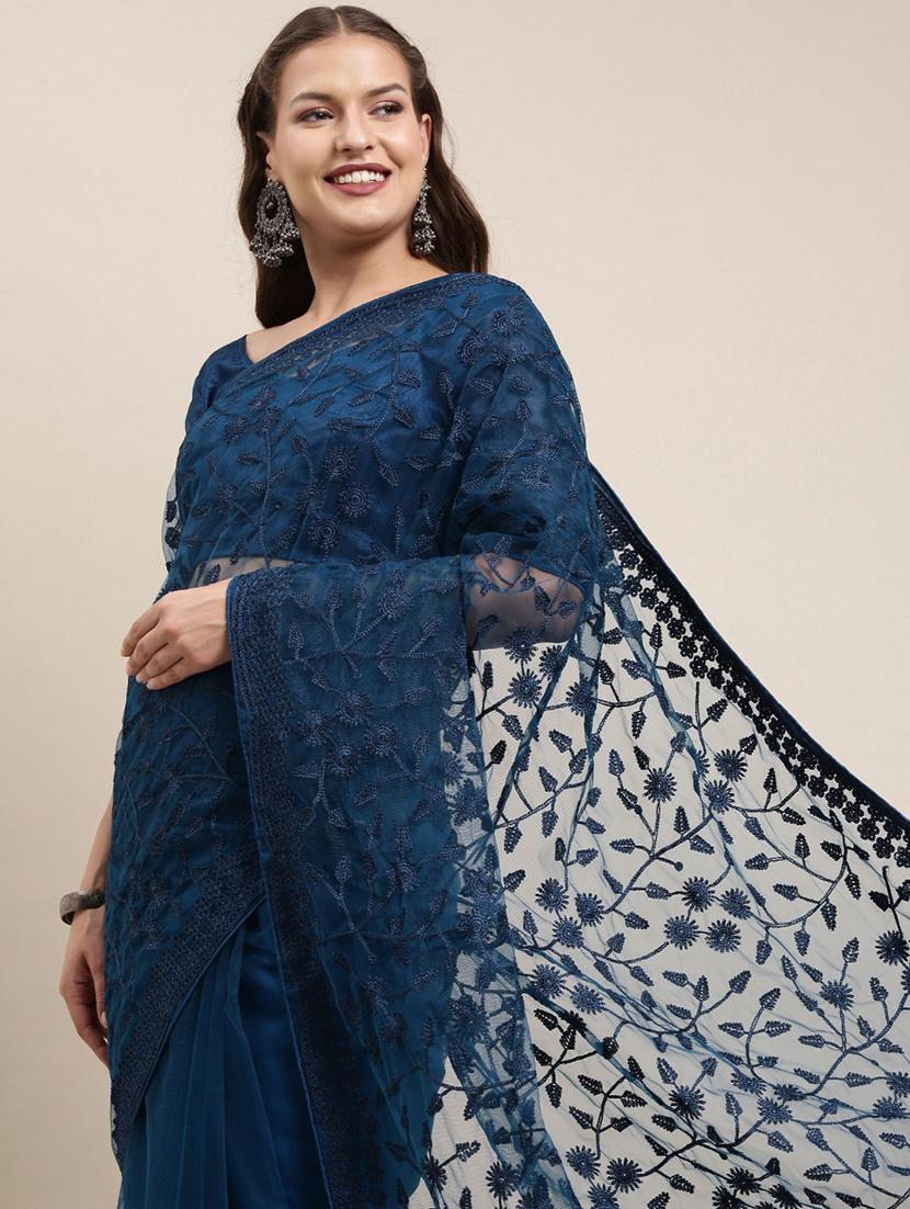 navy blue embroidered saree with blouse - 21019222 - Standard Image - 3