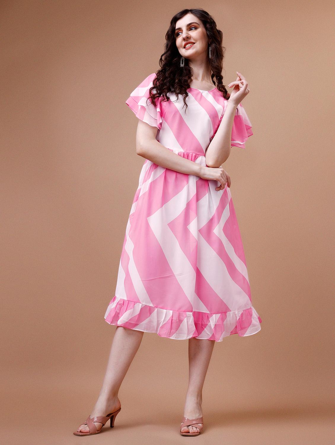 women pink printed tiered dress